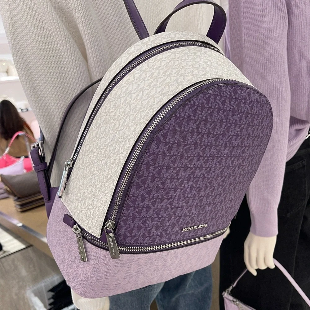 MICHAEL KORS Rhea Md Zip Color-Block Signature Logo Backpack Dark Purple MLT NWT